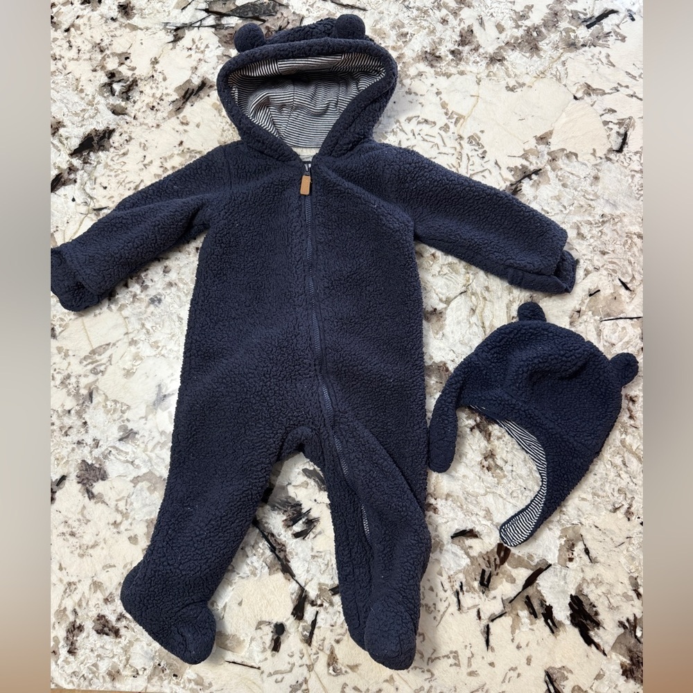 Carter's Navy Fleece Bear One Piece with Hat and Mittens 9m